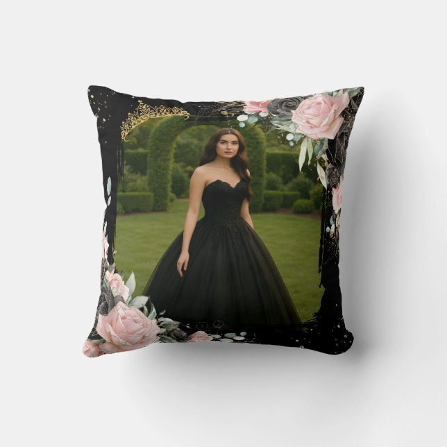 Almofada Quinceanera Black and Blush Pink Floral Photo (Verso)