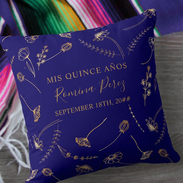 Almofada Quinceanera Blue Dourado Wildflower Mis Quince Ano (Criador carregado)