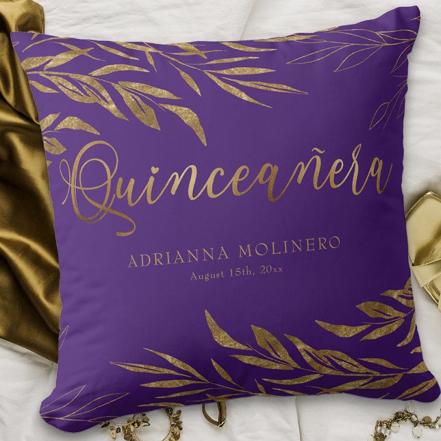 Almofada Quinceanera Personalizada com Folha Dourada Elegan (Purple Quinceanera keepsake pillow from my Gold Leaf Quinceanera Collection)