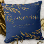 Almofada Quinceanera Personalizada Folha Dourada Elegante A<br><div class="desc">Travesseiro de Quinceanera azul e Dourada que você pode personalizar com o nome da Quinceañera, assim como sua data de aniversário ou evento, se quiser. O design é azul real e ouro com folhas desenhadas em linhas finas e folhagem de folha de ouro maciço. Por favor, navegue na minha coleção...</div>
