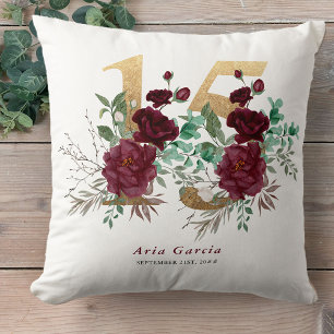 Almofada Quinceanera Rosa Vermelha Floral Dourado Número 15