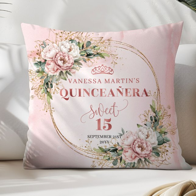 Almofada Quinceañera Rose Gold Floral Eucalyptus Accent  (Quinceañera Rose Gold Floral Eucalyptus Accent Pillow)
