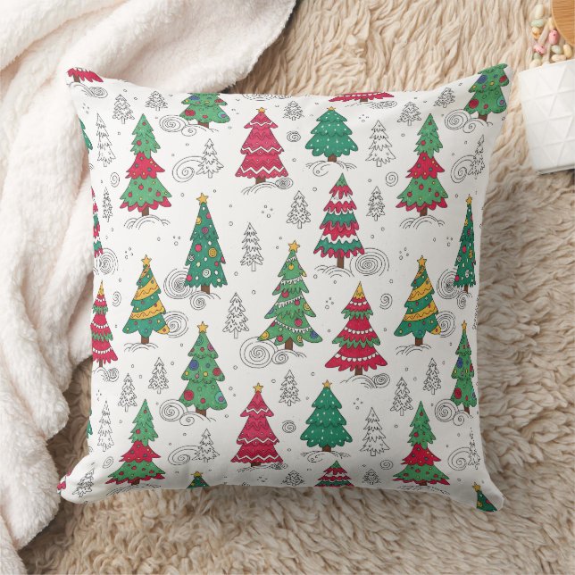 Almofada Quirky Whimsical Decorated Christmas Trees Doodles (Cobertor)