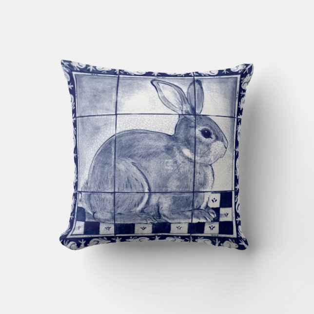 Almofada Rabbit Azul Coelho Branco Coelho Delft Azulejo Mur (Frente)