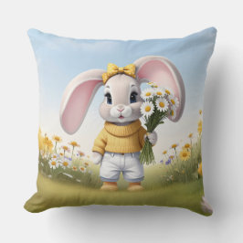 Almofada Rabbit holding bouquet of white daisies