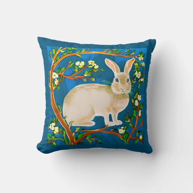 Almofada Rabbit selvagem e ramificações de flores (Frente)