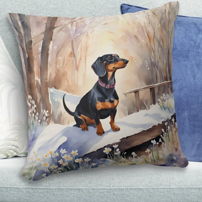 Almofada Raça Cão-De-Cão Cão-De-Cana-De-Neve-Inverno-Fantoc (A throw pillow with beautiful picture of a dachshund in snow, in a watercolor style)