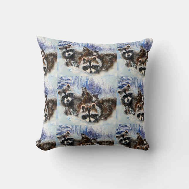 Almofada Raccoons e Neve da Arte Original (Frente)
