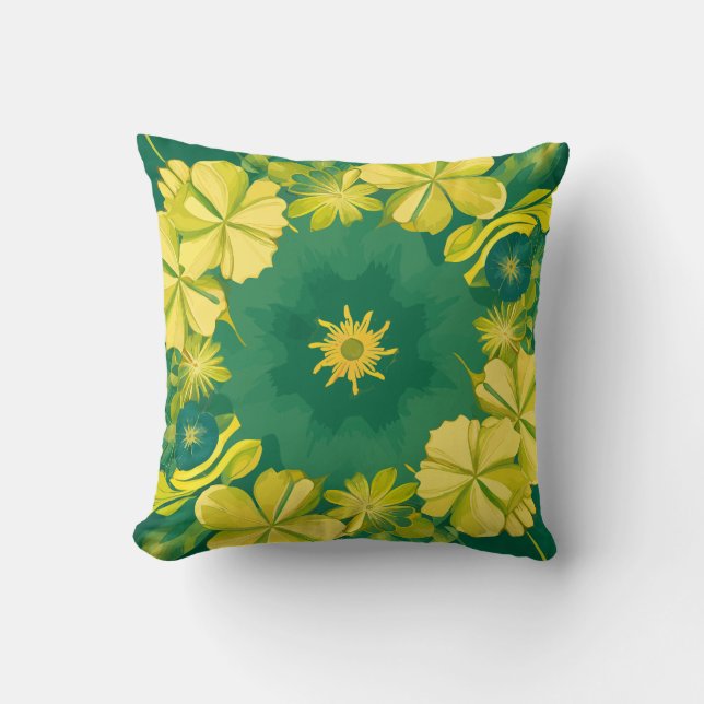 Almofada Radiação Floral: Padrão Botânico Amarelo e Verde (Frente)