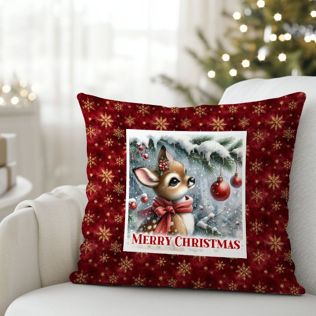 Almofada Radiant baby deer snowy forest Christmas scene  (Radiant baby deer snowy forest Christmas scene pillow)