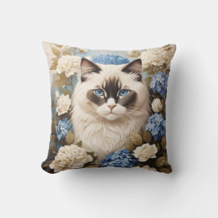 Almofada Ragdoll Cat Com Flores De Hydrangea Azuis