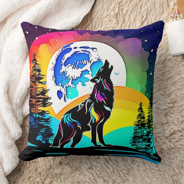 Almofada Rainbow Lunar Wolf Howl Art (Cobertor)