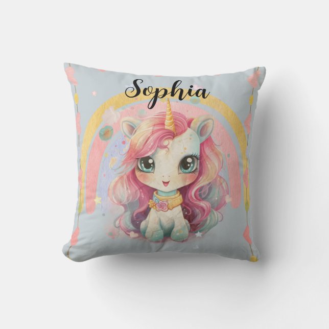 Almofada Rainbow Pastel Blue Kawaii Unicorn (Frente)