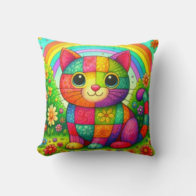 Almofada Rainbow Patchwork Whimsical Colorful Kitty (Frente)