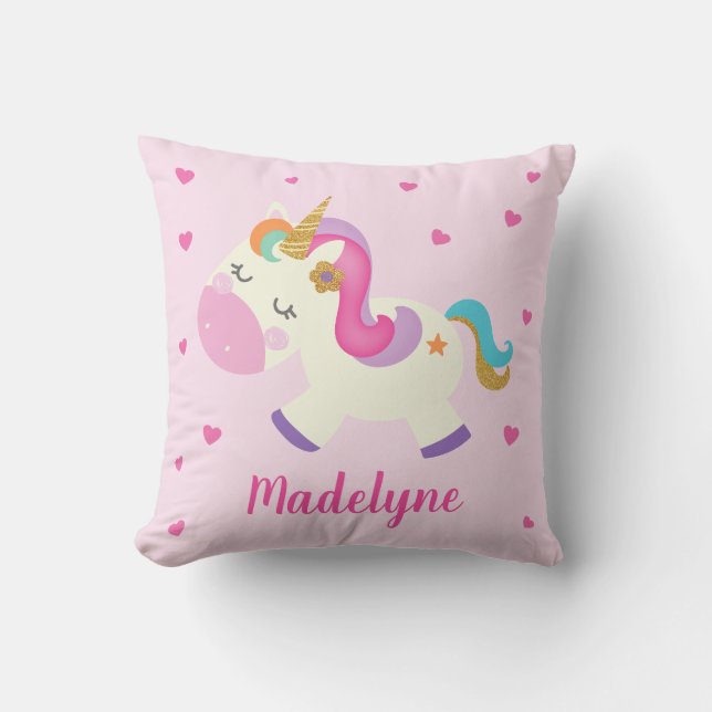 Almofada Rainbow Unicorn Corações Personalizadas Rosa (Frente)