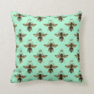 Almofada Rainhas Castanhas Abelhas em Mint Green
