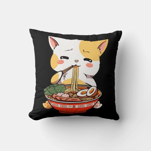 Almofada Ramen Cat Comendo Noodles Kawaii Anime Merch Gift  (Frente)