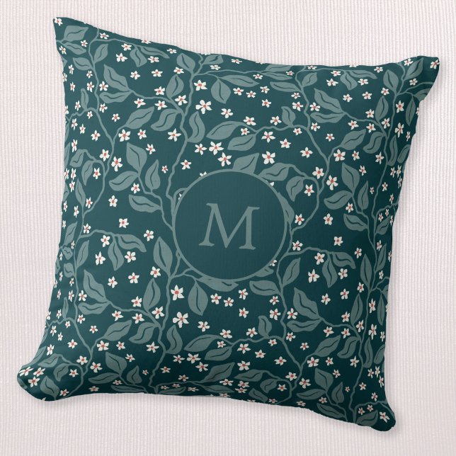 Almofada Ramos de Flor de Maçã Monograma Botânico Verde (Apple blossom trailing branches dark teal green monogram initial personalized throw pillow)