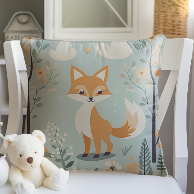 Almofada Raposa Animal Da Madeira Ameaçada, Nursereria De B (Blue woodland fox, Cute Animals, Baby Boy Nursery Pillow,)