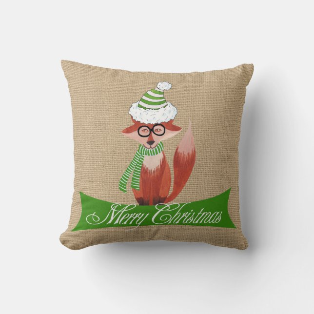 Almofada Raposa de Natal no Travesseiro Faux Burlap (Frente)