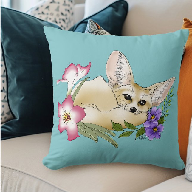 Almofada Raposa Fennec Flores Rosa Roxo Fofo Botânico Azul (Criador carregado)