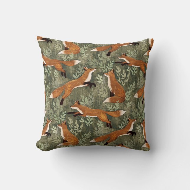 Almofada Raposas Doces em Castanho-feroz em Verde-oliva (Frente)
