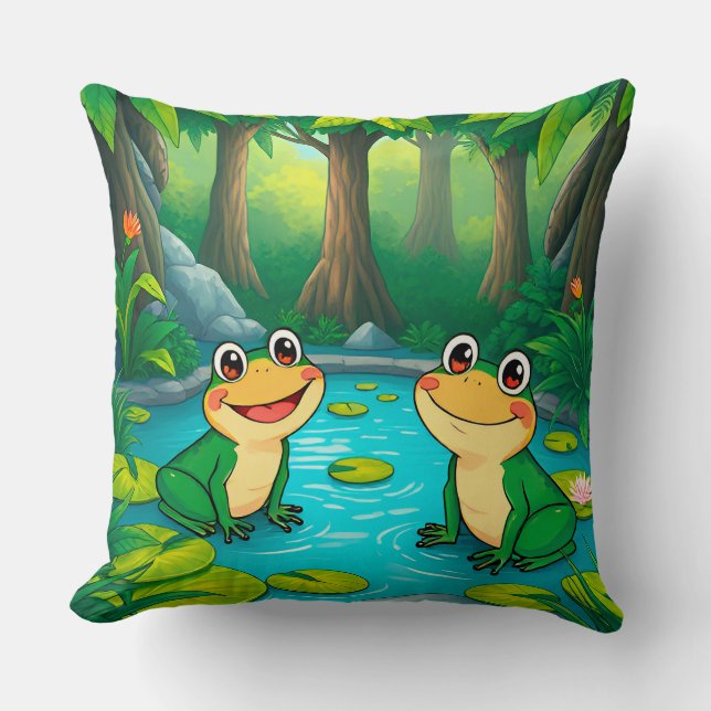 Almofada Rãs de desenho animado sentadas perto de um lago e (Frente)