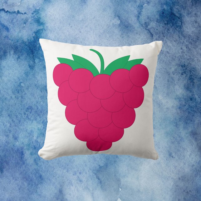 Almofada Raspberry Pink Fruit Berry  (A throw pillow with a graphic of a pink raspberry with a green stem.)