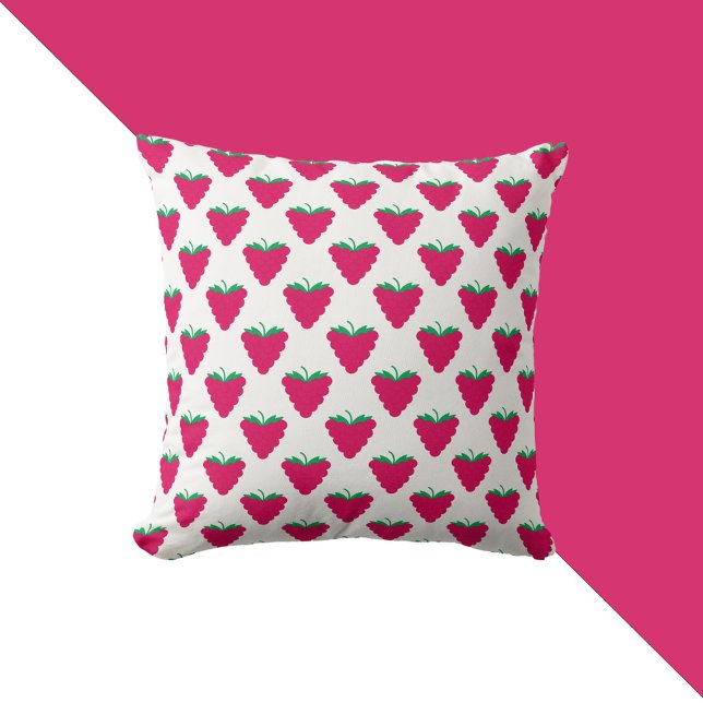 Almofada Rasperry Pink Berry Fruit Pattern (A throw pillow with a pattern of pink raspberries with green stems.)
