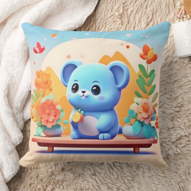 Almofada Rato Azul Cute com Flores (Cobertor)