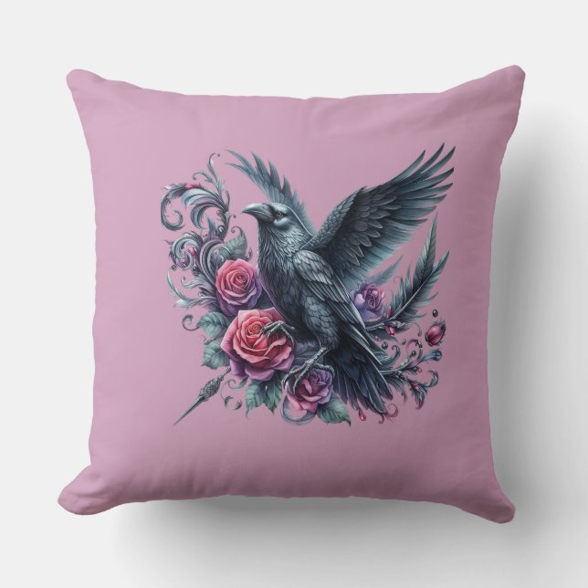 Almofada Raven da Dark Academia e Rosas Vermelhas Floral Gó (Frente)