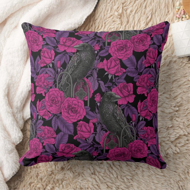 Almofada Ravens e rosas cor-de-rosa (Cobertor)