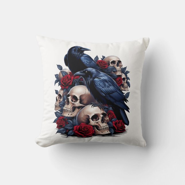 Almofada Ravens e Rosas: Design de crânio gótico (Frente)