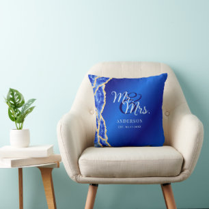 Almofada Recém-casados Azul Real e Dourado Sobrenome Sr e S