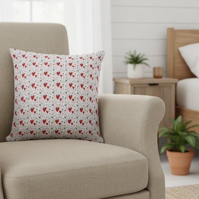 Almofada Red and Black Doodle Hearts Love  (cute red and black hearts doodles accent pillow for her valentines theme bedroom decor)