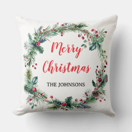 Almofada Red Berries Greenery Family Christmas Throw Pillow
