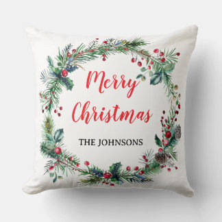 Almofada Red Berries Greenery Family Christmas Throw Pillow