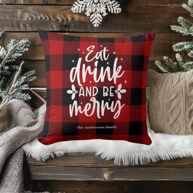 Almofada Red Buffalo Plaid “Eat, Drink & Be Merry” (Criador carregado)