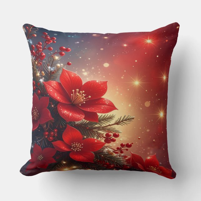 Almofada Red Christmas Floral Holiday Throw Pillow (Frente)
