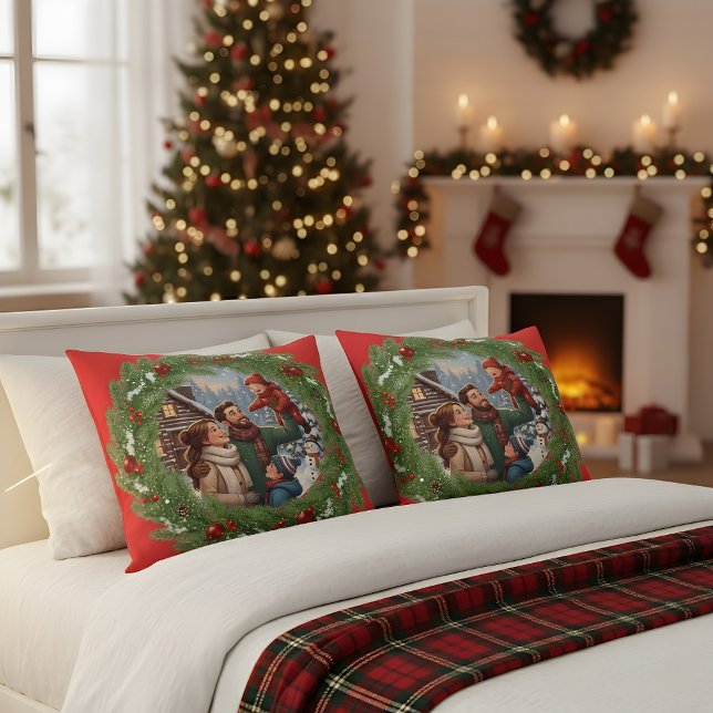 Almofada ❄️ Red Family Pillow with Winter Tree Frame ❄️ (Criador carregado)
