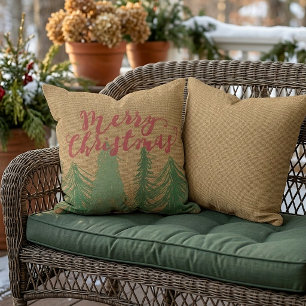Almofada Red Felry Christmas Green Trees Faux Jute Burlap