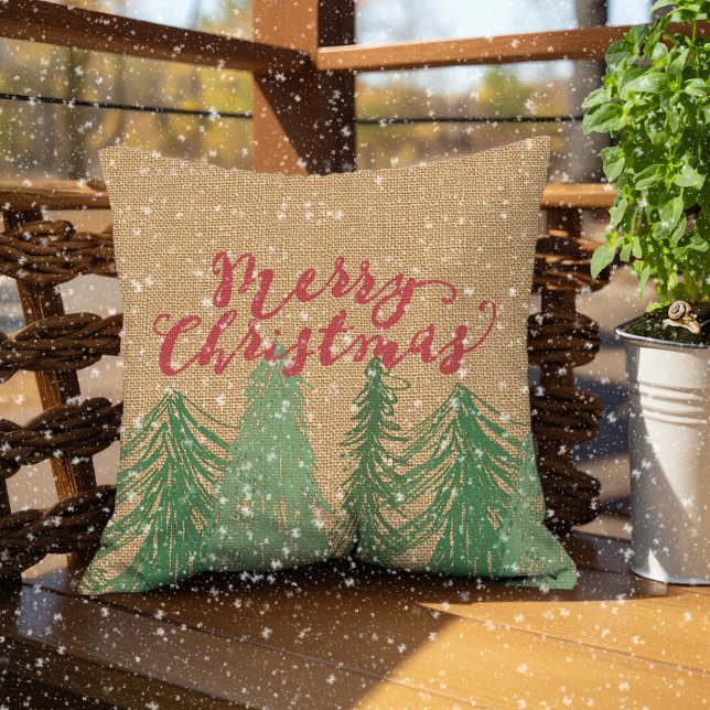Almofada Red Felry Christmas Green Trees Faux Jute Burlap (Criador carregado)
