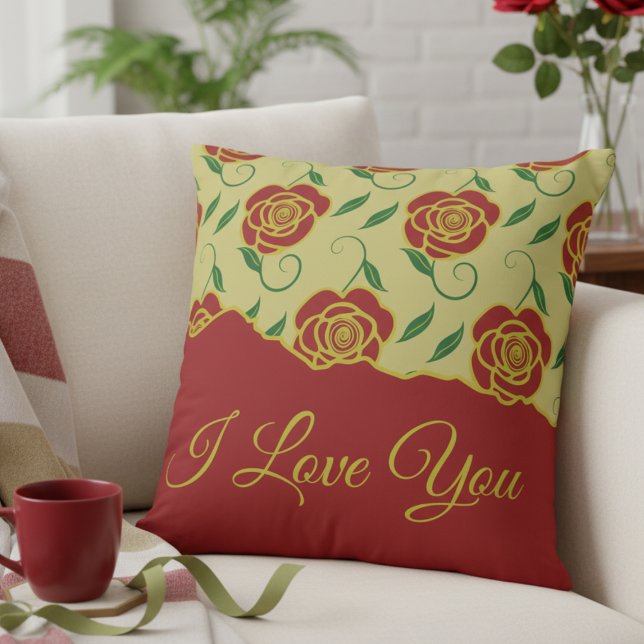 Almofada Red Gold Roses Love You (Romantic message pillow in gold and red, covered by roses. Perfect for Valentines gift.)