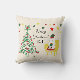 Almofada Red Green White Bear Tree Monograma Feliz Natal