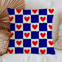 Almofada Red Hearts Blue Squares Checkered Eclectic