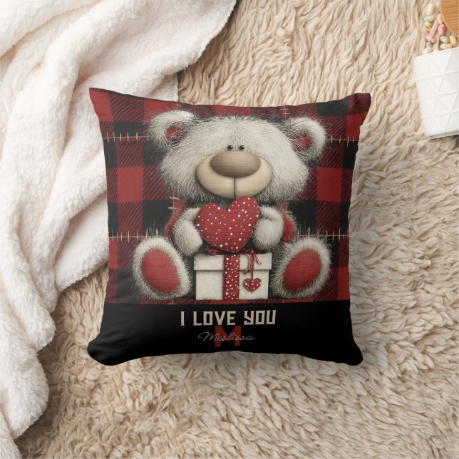 Almofada Red Plaid Bear I Love You Custom Name Monogram (Cobertor)