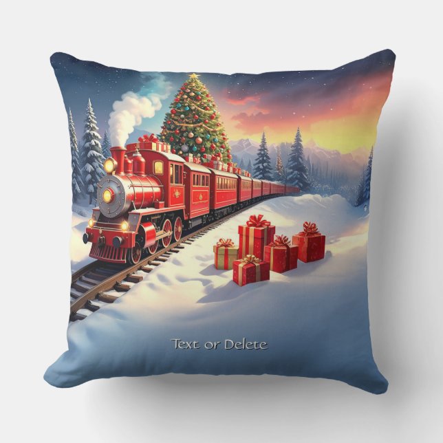 Almofada Red Train Christmas Tree Holiday Throw Pillow (Frente)