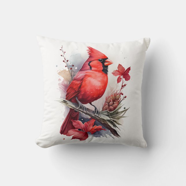 Almofada Red Watercolor Winter Cardinal (Frente)