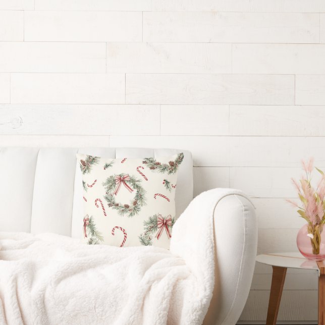 Almofada Red White Candy Canes Christmas Wreaths (Sofá)