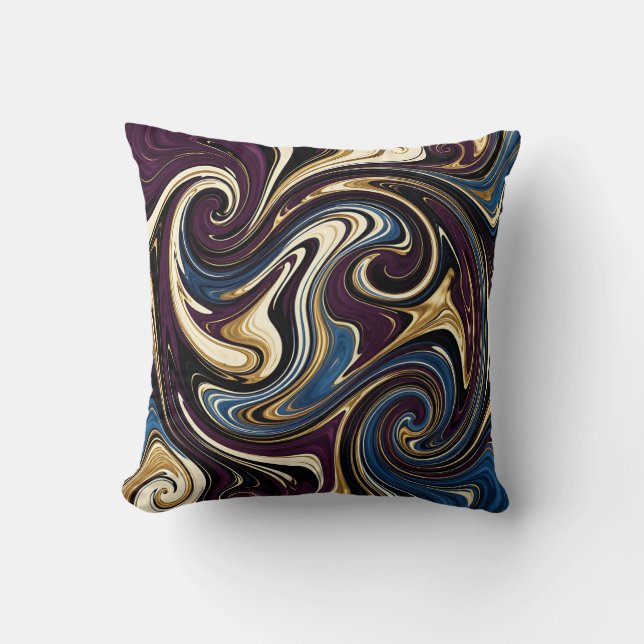 Almofada Redemoinho de Mármore Roxo Dourado Azul Abstrato (Frente)